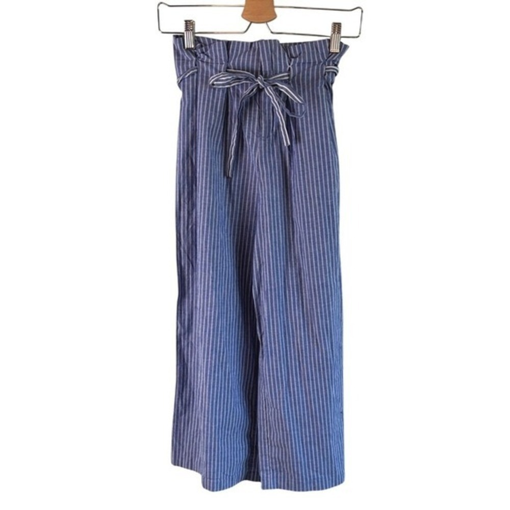 Blue Pinstripe Paperbag Tie-Waist Wide Leg Pants 4 Stretch Cotton Blend - Picture 2 of 5